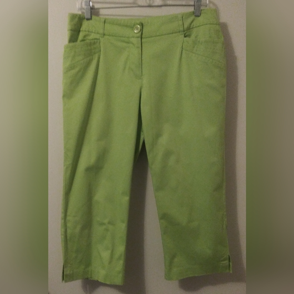 Tribal Studio Lime Green Capris Embroidered Stitch Cropped Pants Size 8P Petite